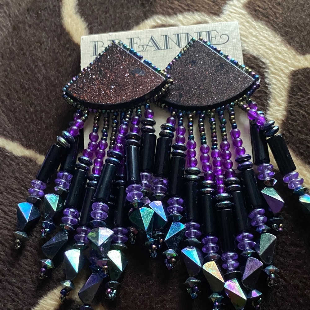 Vintage 90’s Beaded Statement Earrings with Purple and Black Accents - Picture 5 of 7